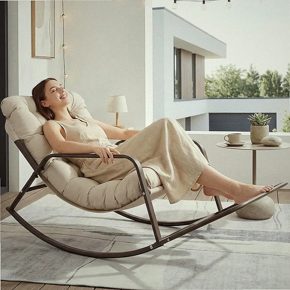 Beige Oversized Indoor Outdoor Lounge Royal Rocking Chair with Armrest Footrest