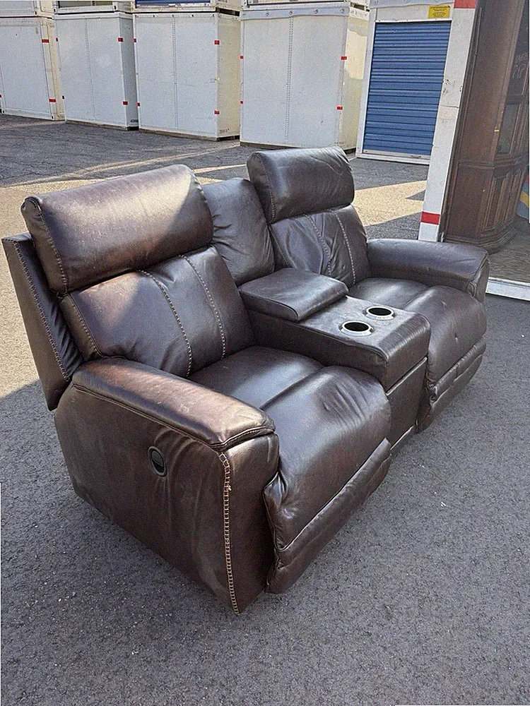 Brown Faux Leather Reclining Loveseat, 2-Seater, Cup Holders, Contemporary