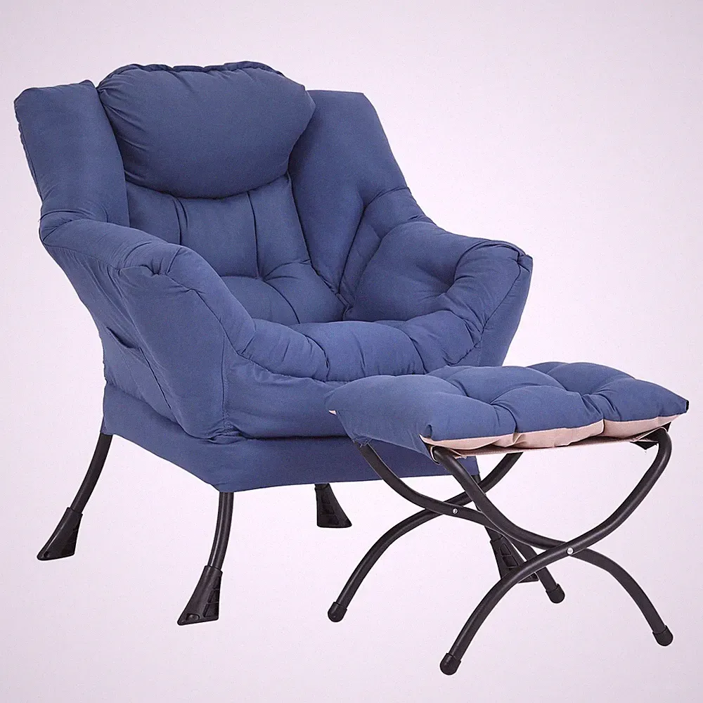 Lazy Chair and Ottoman, Peach Blue Large Accent Lounge Chair with a Side Pock...