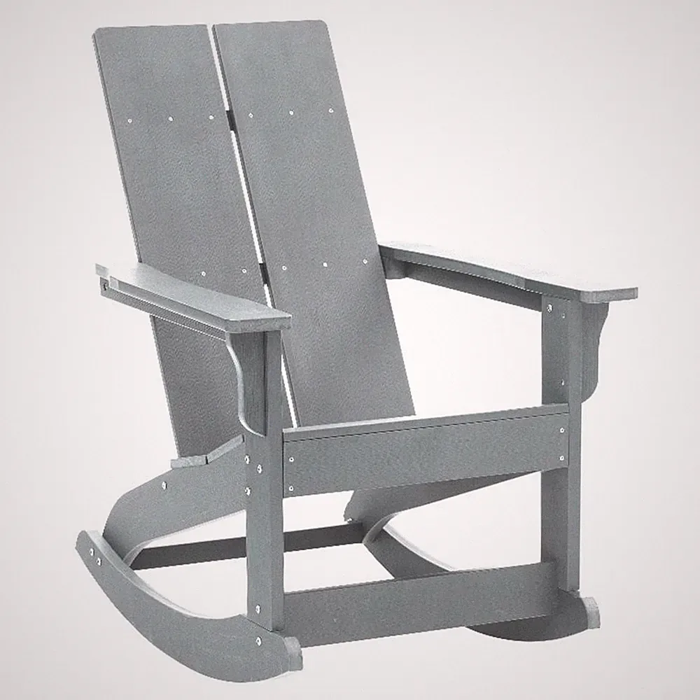 Modern 2-Slat Adirondack Poly Resin Rocking Chair for Indoor/Outdoor Use - Gray