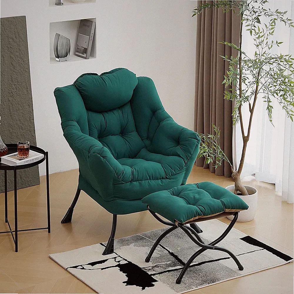 Modern Dark Green Lazy Chair with Ottoman - Comfortable Lounge Accent Chair