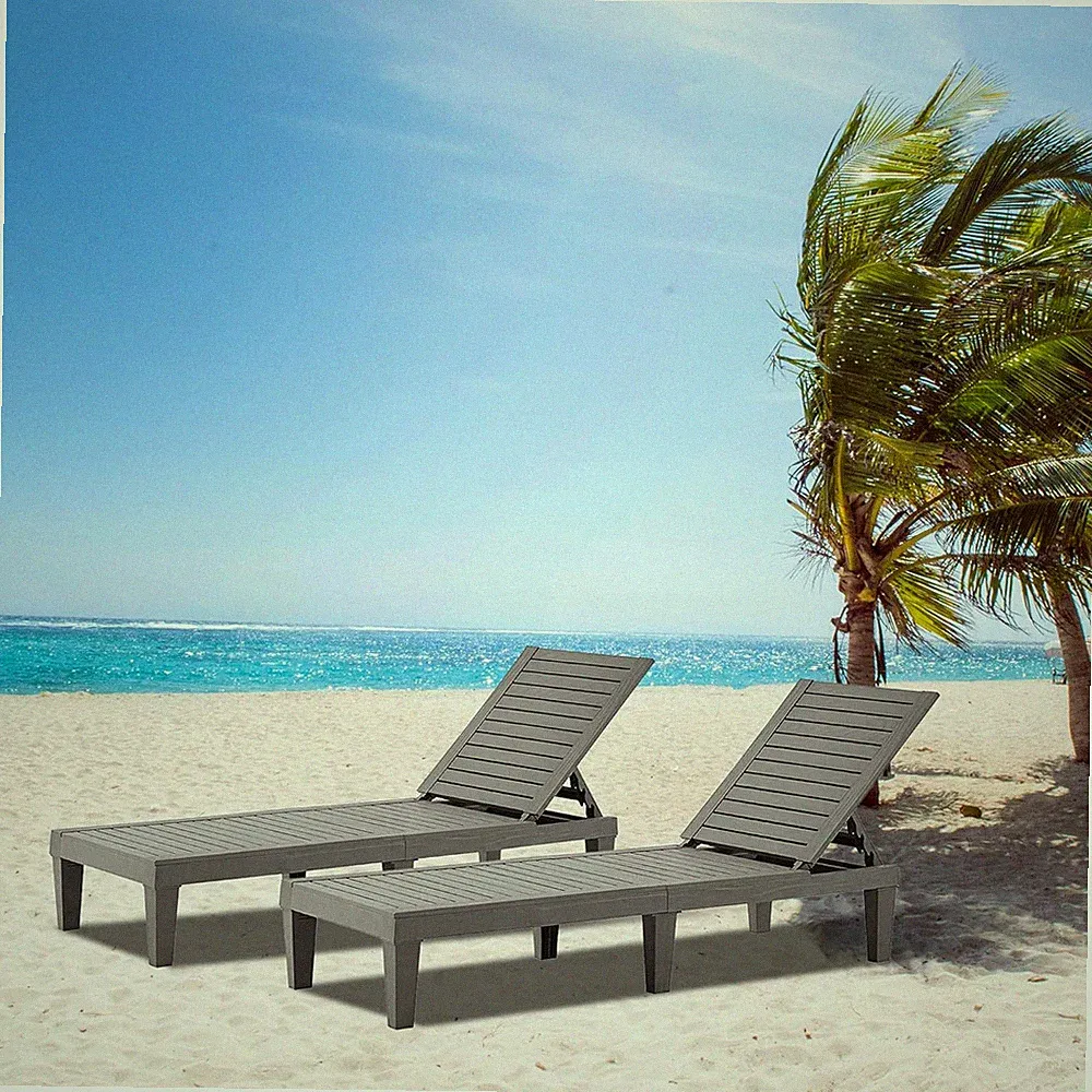 Outdoor Chaise Lounge Set of 2, Adjustable Pool Lounge Chair with 5 Positions Ba