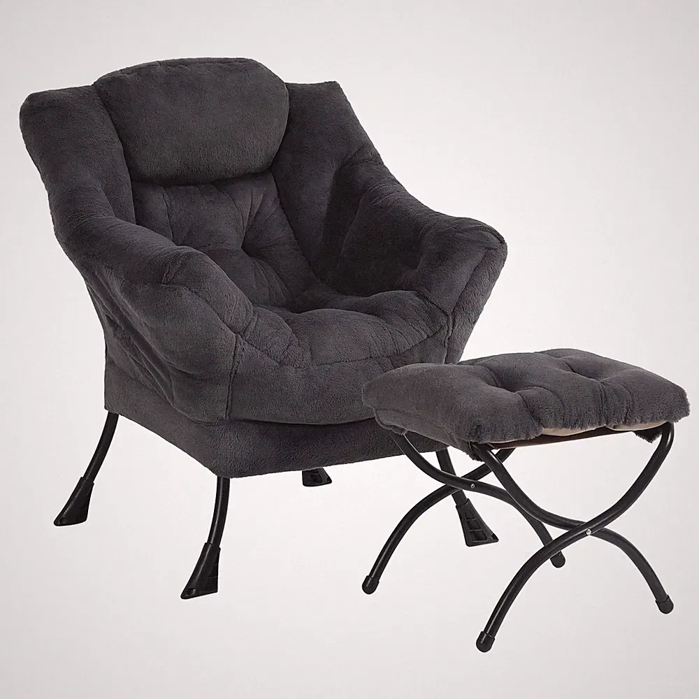 Plush Lazy Chair and Ottoman, Large Dark Grey Contemporary Accent Chair with...